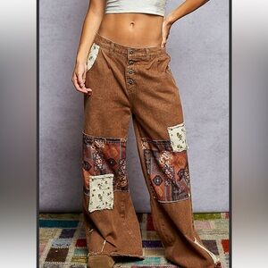 POL Brown Patchwork Wide-Leg Pants with Printed Patches